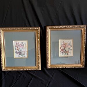 Vintage Charming Floral Art Pair with Gold Frames